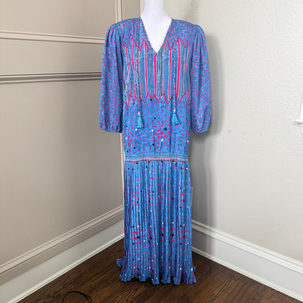 Diane Freis Georgette Blue Pink Polka Dot Tassel Drop Waist Maxi Dress Est Sz L